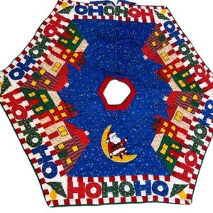 Vintage Hand Quilted Hexagon Shaped Santa Vibrant Christmas Tree Skirt